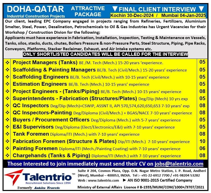 Qatar: Recruitment For Industrial Construction Projects – Final Client Interviews