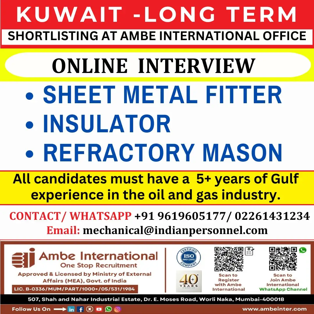 Kuwait Long-Term Job Openings 2025: Apply for Sheet Metal Fitter, Insulator & Refractory Mason