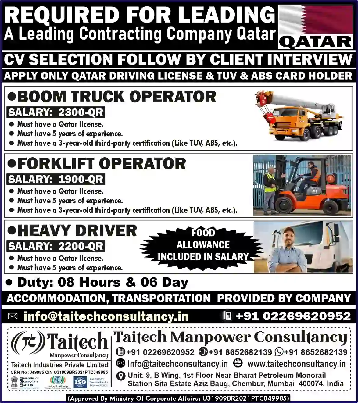 Hiring Alert: Job Opportunities in Qatar for Boom Truck Operators, Forklift Operators & Heavy Drivers