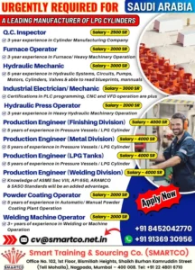Urgent job vacancies in Saudi Arabia – LPG cylinder manufacturing jobs with salary details and application process.
