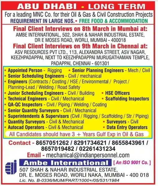 Exciting Job Opportunities in Abu Dhabi – Oil & Gas and Civil Construction Projects