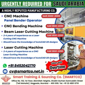 Urgent CNC job vacancies in Saudi Arabia – CNC Machine, Laser Cutting, Bending Operator jobs with salary and overtime benefits.