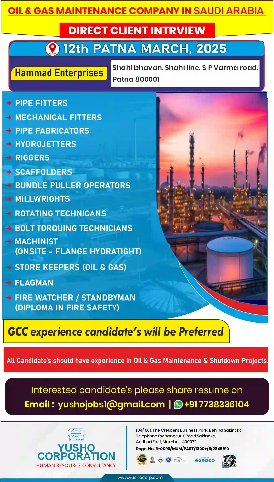 Looking for Oil & Gas jobs in Saudi Arabia? Attend a direct client interview in Patna on March 12, 2025. Apply now for high-paying opportunities!