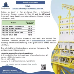 Apply now for high-paying offshore welding jobs in Libya! Indman is hiring skilled welders for major oil & gas projects. Free recruitment. Immediate hiring!
