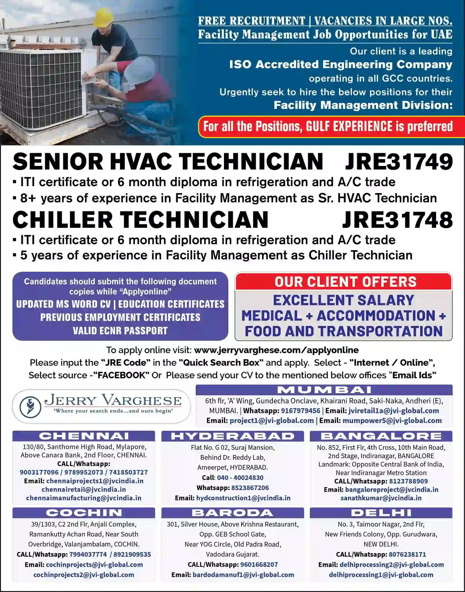 Free recruitment for Senior HVAC & Chiller Technicians in UAE – Apply now for high-salary jobs with accommodation, medical, and transport benefits.