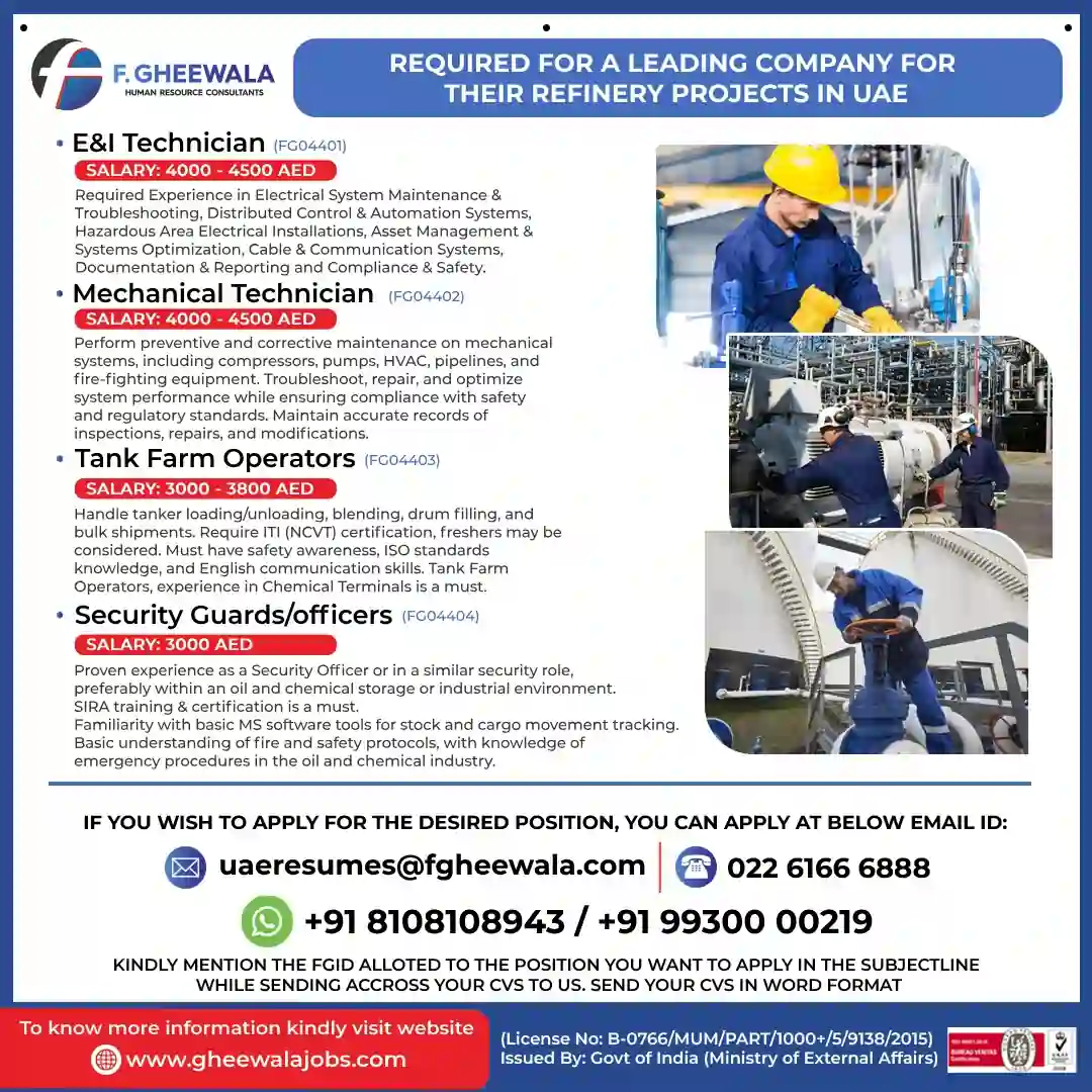 Job openings in UAE for E&I Technicians, Mechanical Technicians, Tank Farm Operators, and Security Guards. Competitive salaries and career opportunities available. Apply now!