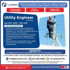 Utility Engineer job vacancy in Congo – Apply now for a high-paying opportunity.