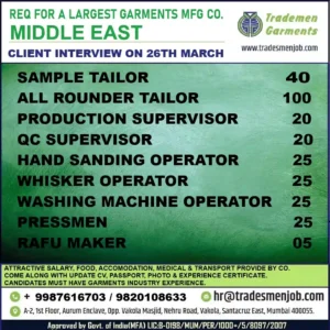 Job openings in Middle East garments industry - Hiring tailors, supervisors, and machine operators. Interview on 26th March. Apply now!