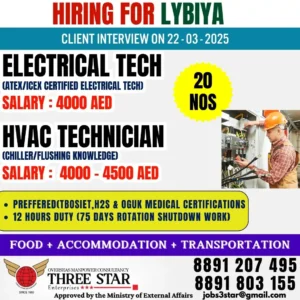 Job openings for Electrical Technicians and HVAC Technicians in Libya – Salary up to 4500 AED. Client interview on March 22, 2025. Free food, accommodation, and transportation provided. Apply now!