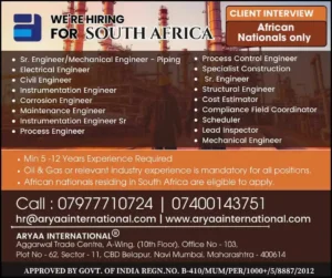 Oil & Gas job openings in South Africa – Aryaa International hiring African engineers & specialists for top roles