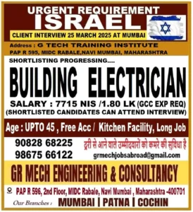 Urgent recruitment for building electricians in Israel – high salary, free accommodation, and interview details at G Tech Training Institute, Navi Mumbai.