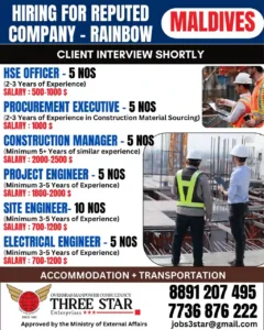 Hiring for reputed company in Maldives – Openings for HSE Officers, Engineers, Construction Managers & Procurement Executives with attractive salaries.