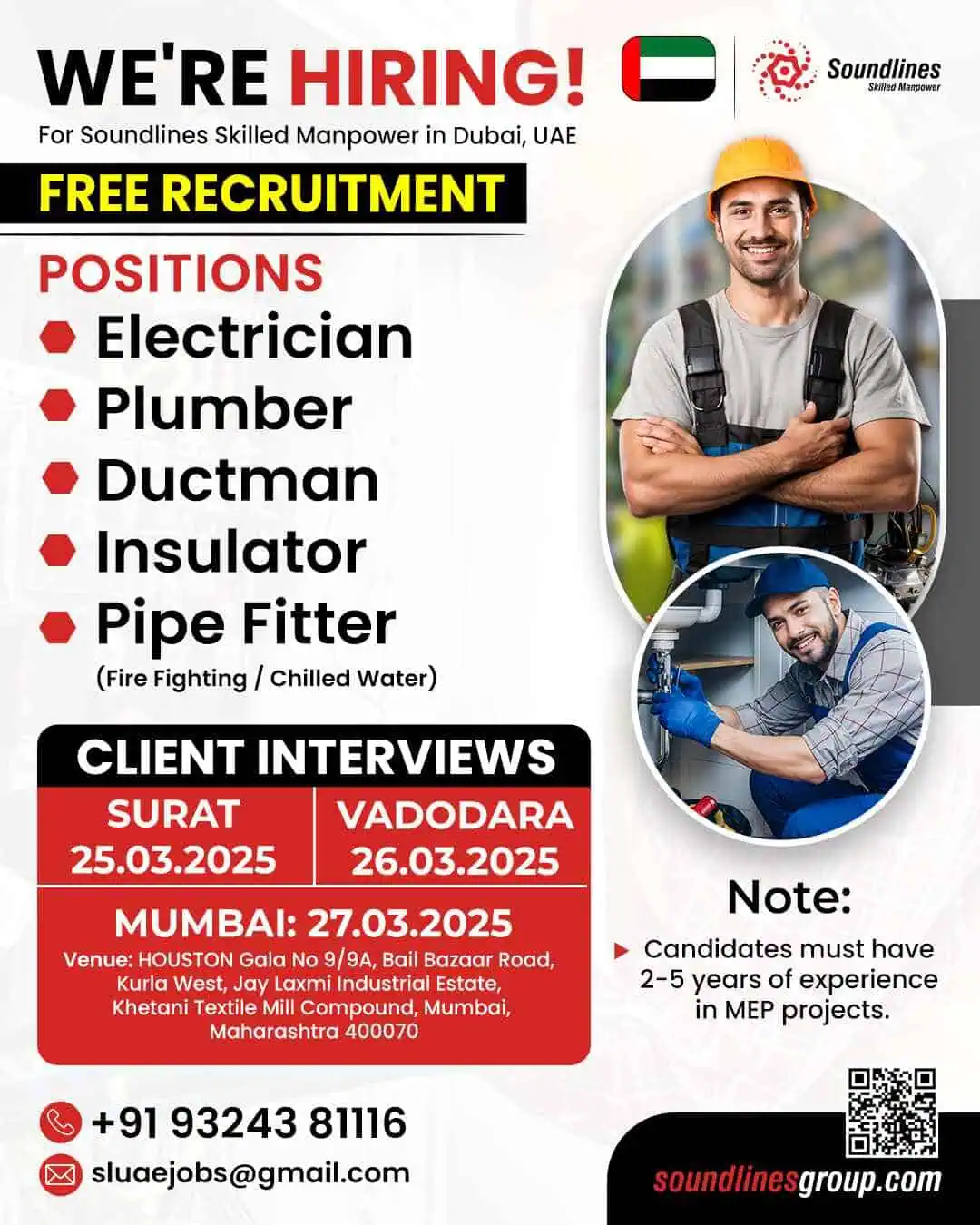 Hiring electricians, plumbers, ductmen, insulators, and pipe fitters for Dubai with free recruitment and client interviews in India.