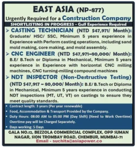 Urgent hiring for Casting Technicians, CNC Engineers, and NDT Inspectors in East Asia – High Salary & Benefits!