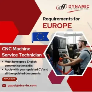 CNC Machine Service Technician operating a CNC machine – Job opportunities in Europe.