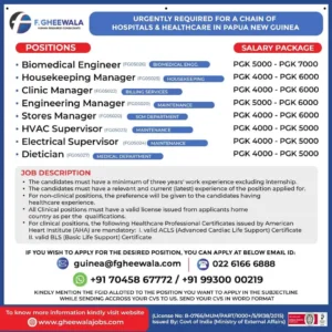 Job openings in Papua New Guinea hospitals – Biomedical Engineer, Clinic Manager, Dietician & more. Salary up to PGK 7000. Apply via F. Gheewala Human Resource Consultants.