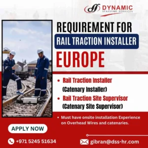 Rail traction installers working on railway tracks – hiring in Europe for catenary and overhead wire specialists.