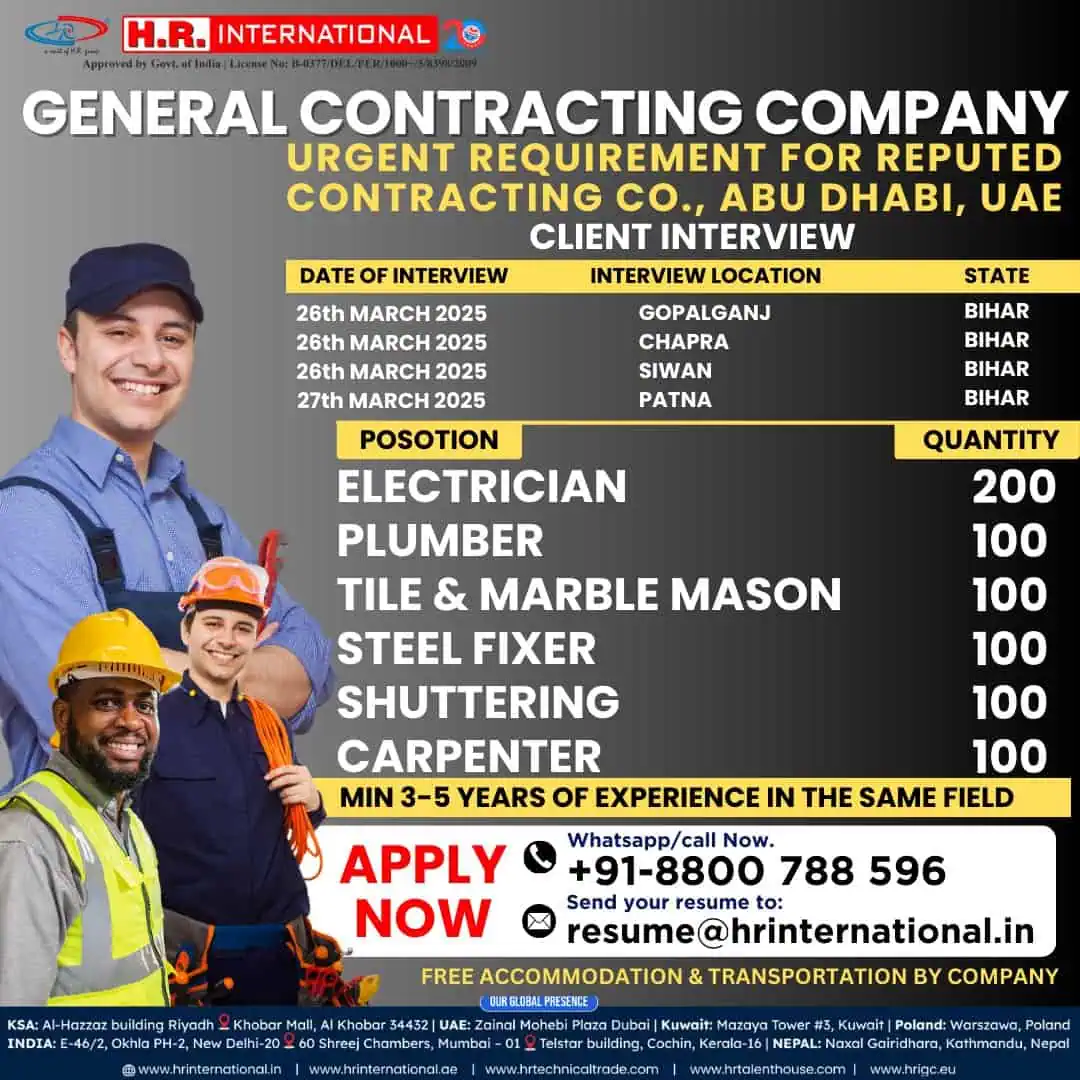 Urgent job openings in Abu Dhabi for electricians, plumbers, and more. Client interviews in Bihar. Apply now!