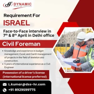 Civil Foreman job openings in Israel – Interview in Delhi, April 7th & 8th