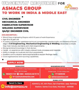 Urgent job openings at ASMACS Group for Civil Engineers, Mechanical Engineers, and Supervisors in India and the Middle East. Apply now!