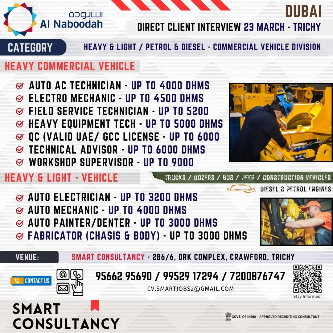 Apply for high-paying Dubai auto technician jobs! Direct client interviews on 23rd March in Trichy. Explore heavy & light vehicle job openings today!