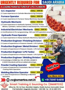 Urgent job openings in Saudi Arabia for engineers, welders, and mechanics! High salaries (2,000-4,000 SAR). Apply now at cv@smartco.net.in.