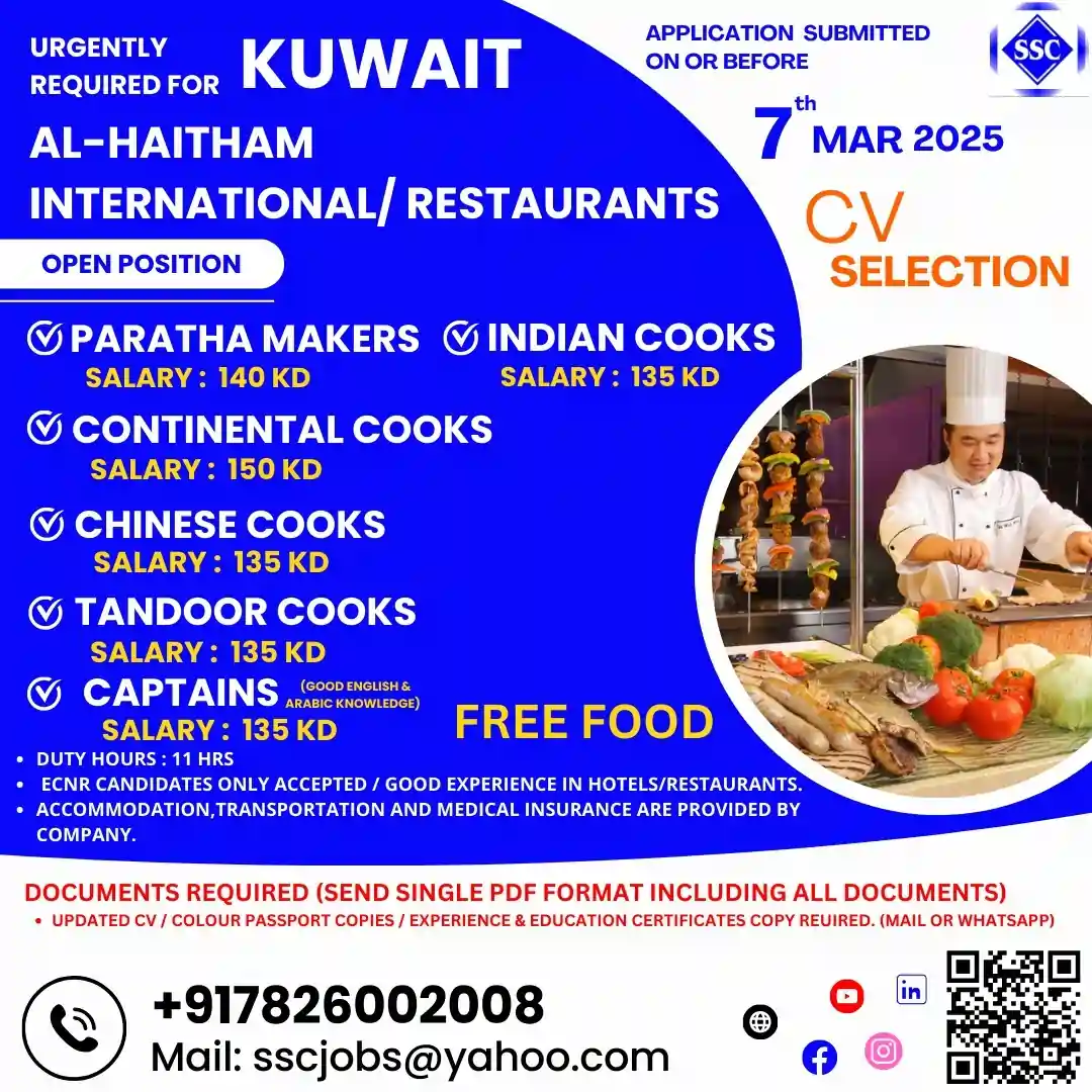 Exciting Job Opportunities in Kuwait for Skilled Cooks & Hospitality Staff