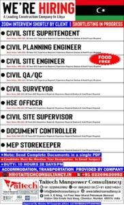 Construction job openings in Libya – Hiring civil engineers, site supervisors, HSE officers, and more. Apply now!