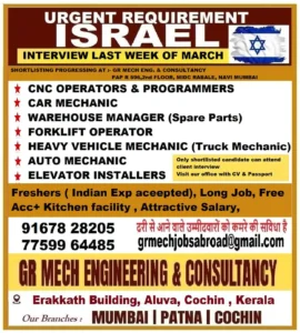 Urgent recruitment for Israel – CNC Operators, Mechanics, and Warehouse Managers required. Interviews in Navi Mumbai.