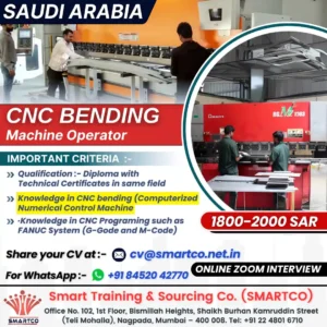 CNC Bending Machine Operator job vacancy in Saudi Arabia – Hiring now with high salary (1800-2000 SAR). Apply via email or WhatsApp. Online interview available!