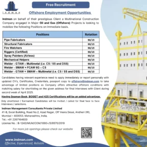Offshore job recruitment for oil & gas industry – welding, fabrication, rigging, and mechanical jobs.