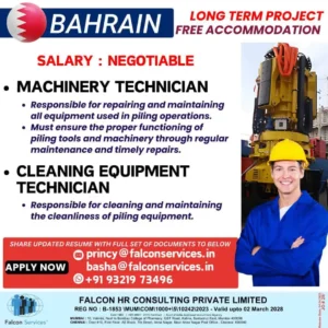Bahrain job openings for Machinery Technician & Cleaning Equipment Technician with free accommodation. Apply now!