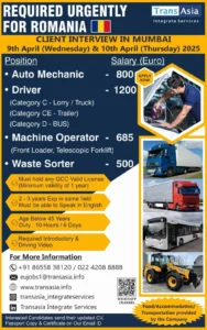 Urgent job openings for Romania – Auto Mechanics, Drivers, Machine Operators, and Waste Sorters. Client interview in Mumbai on 9th & 10th April 2025. Apply now!