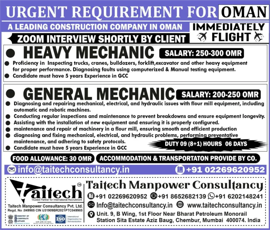 Urgent requirement for heavy and general mechanic jobs in Oman with salary details and interview information by Taitech Consultancy