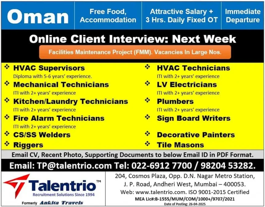 Urgent Hiring for Technicians and Supervisors in Oman | Facilities Maintenance Project Jobs