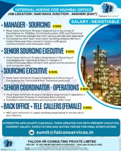 Internal hiring for Mumbai office - Falcon Services job openings in sourcing, recruitment, and back-office roles, Andheri East.