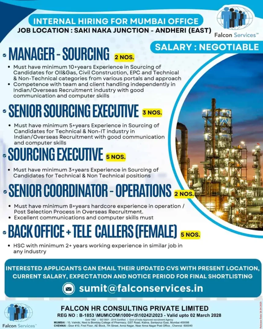 Internal hiring for Mumbai office - Falcon Services job openings in sourcing, recruitment, and back-office roles, Andheri East.
