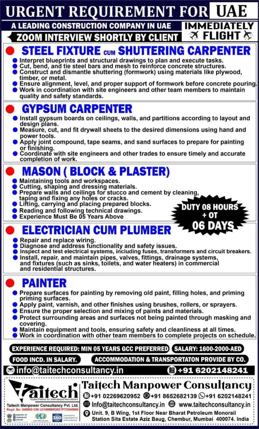 Construction Job Vacancies in UAE - Steel Fixer, Gypsum Carpenter, Mason, Electrician, Painter - Immediate Hiring 2025