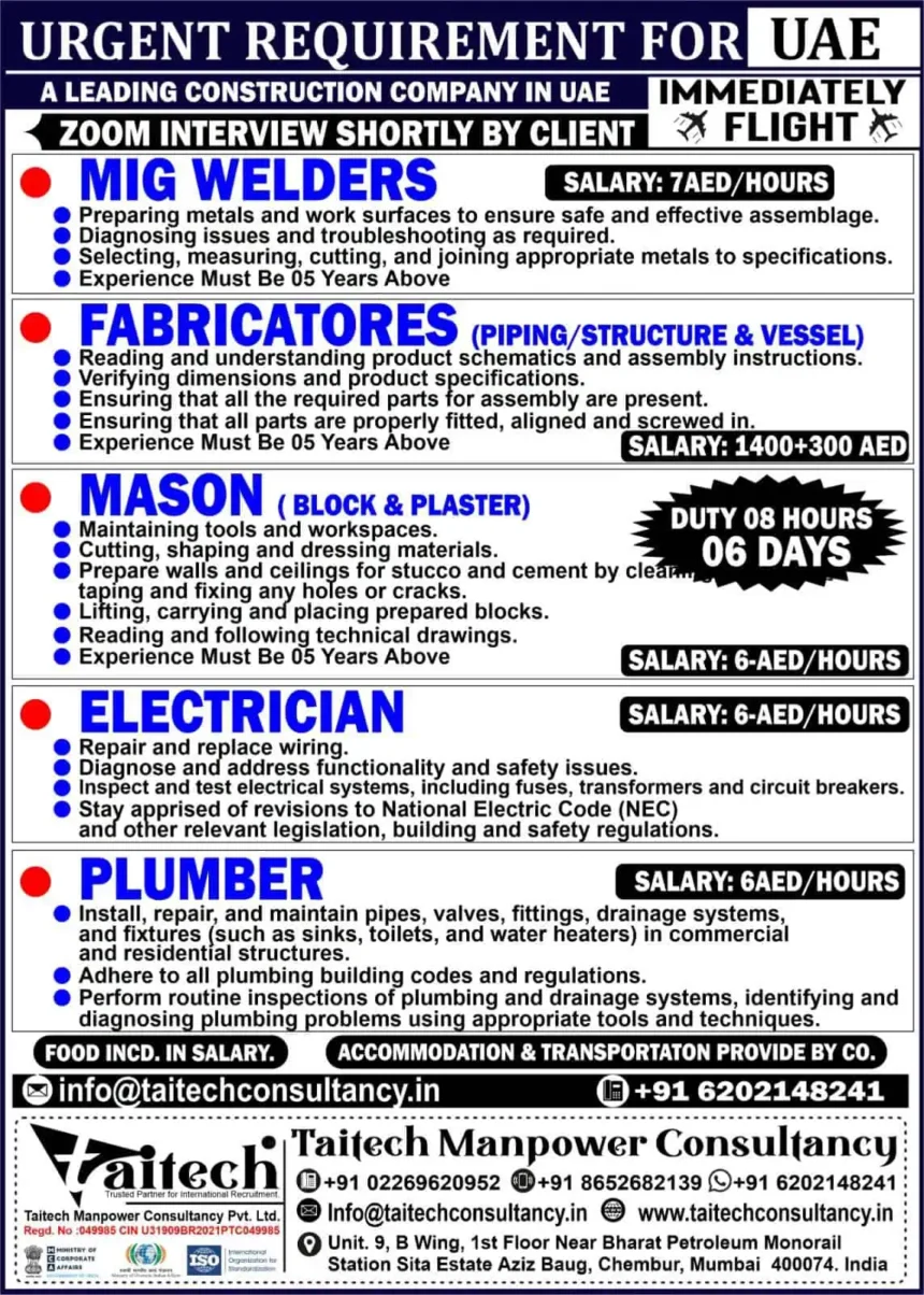 Urgent UAE Construction Jobs 2025 | Apply for MIG Welders, Fabricators & More