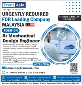 Hiring for Sr Mechanical Design Engineer in Malaysia with TransAsia