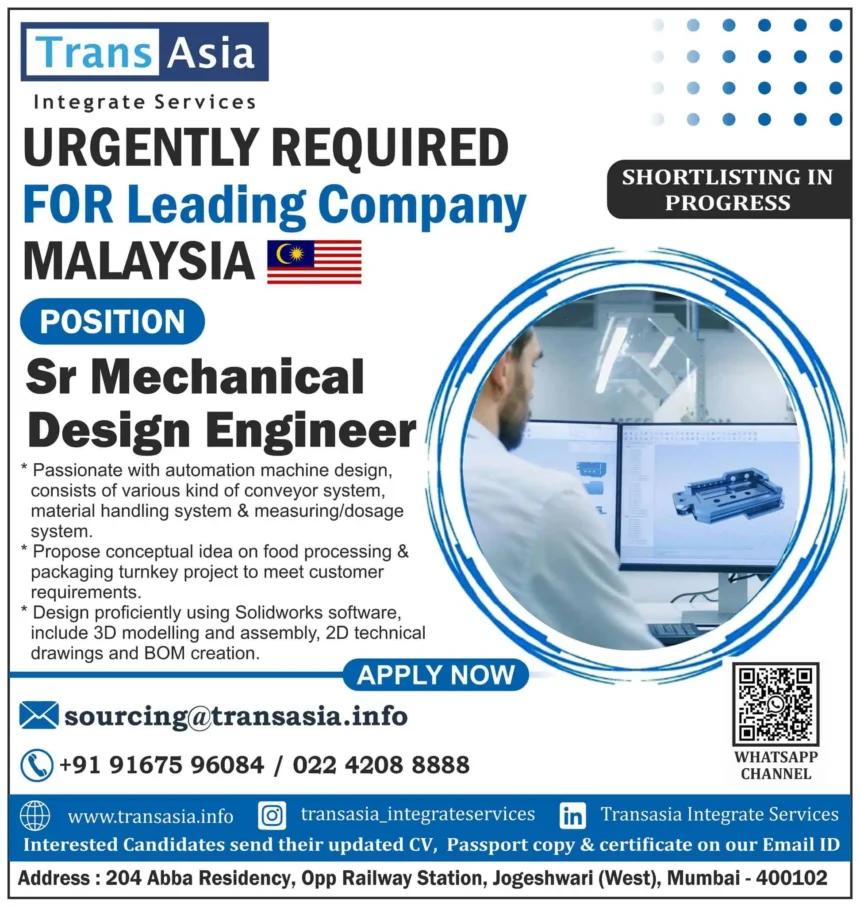 Hiring for Sr Mechanical Design Engineer in Malaysia with TransAsia