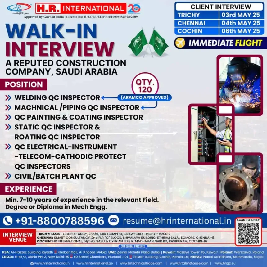 Walk-in interview for QC inspector jobs in Saudi Arabia with H.R. International – May 2025 client interviews in Trichy, Chennai, and Cochin.