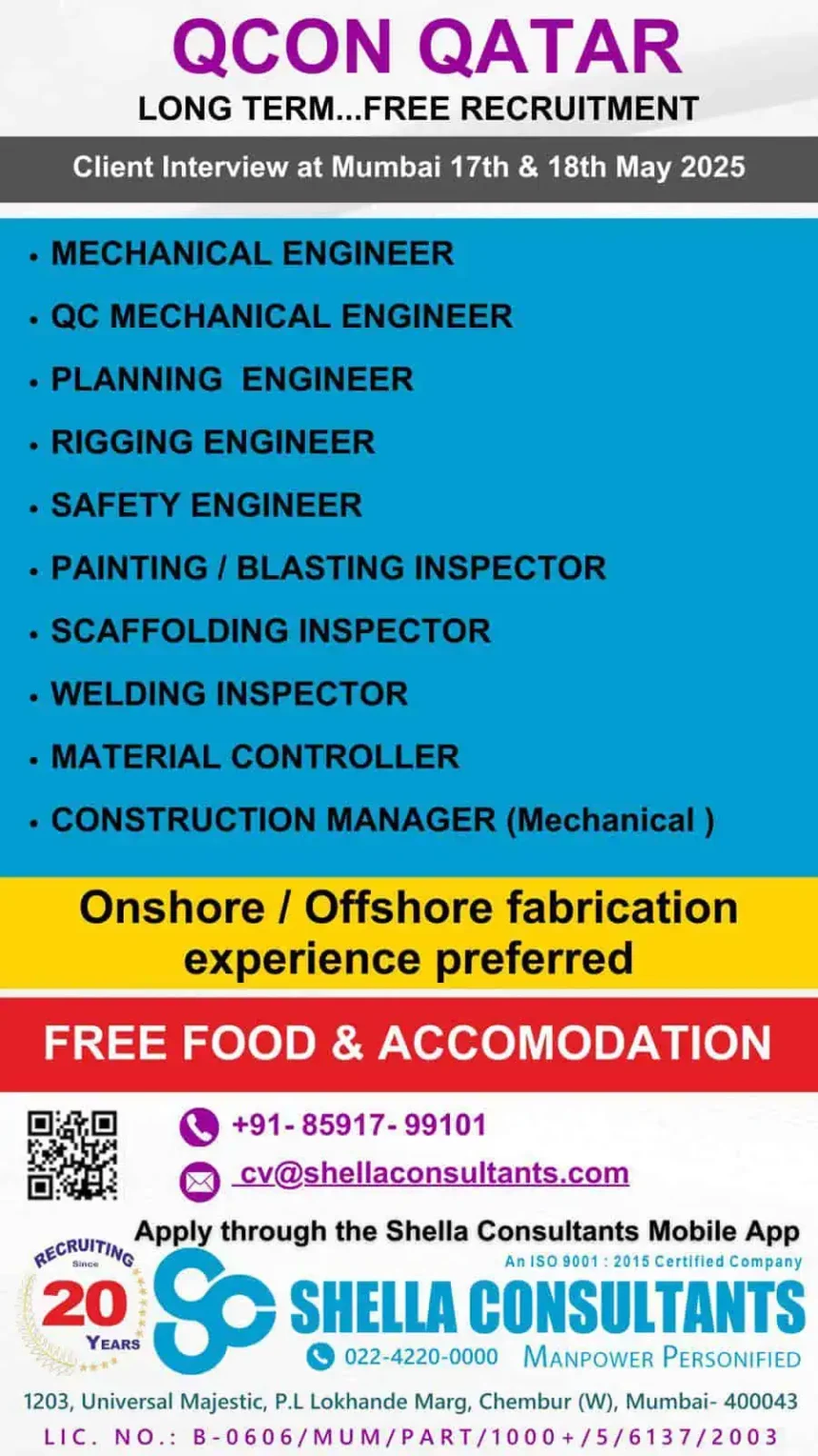 QCON Qatar job vacancies 2025 – Mechanical, QC, Safety, Planning Engineers & more – Free food & accommodation via Shella Consultants