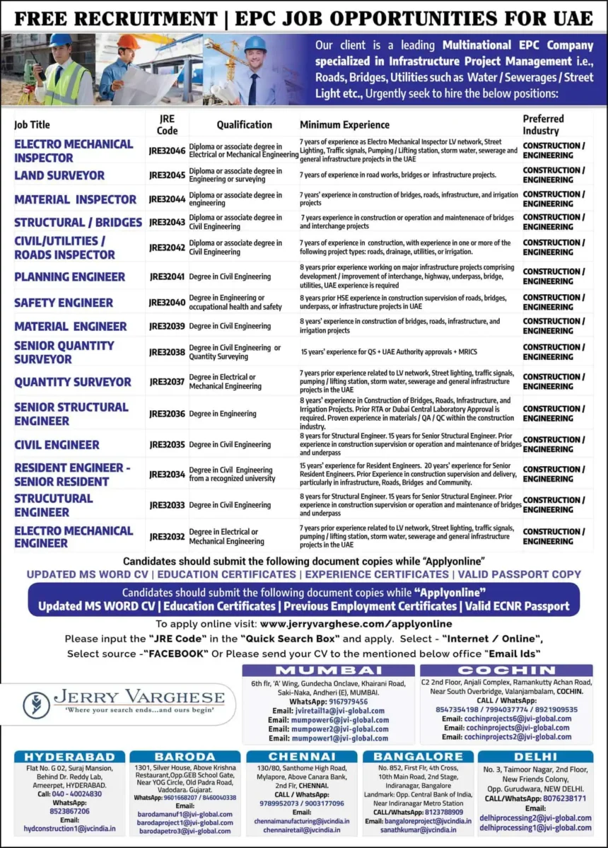 EPC job openings for engineers and surveyors in UAE – free recruitment poster 2025