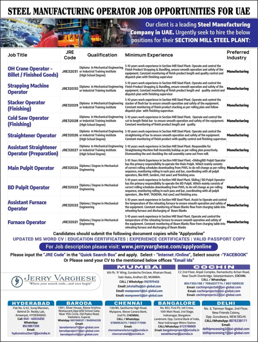 Steel manufacturing operator job openings in UAE for section mill steel plant, various operator roles listed with qualifications and contact info.
