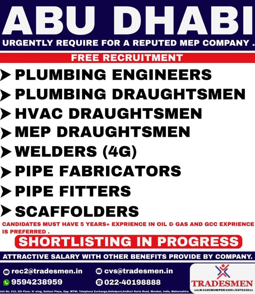 Urgent MEP job openings in Abu Dhabi for oil and gas projects with free recruitment