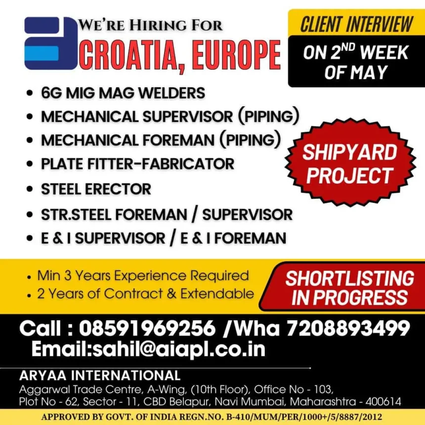Shipyard Jobs in Croatia - Mechanical, Welding, and Fabrication Hiring