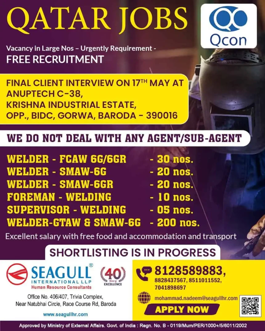 Qatar Welding Jobs 2025 – Free Recruitment Interview in Baroda