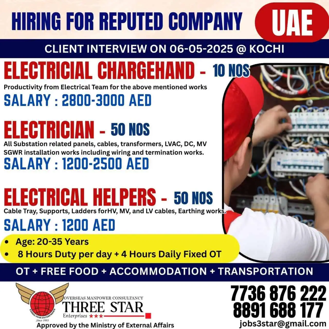 Hiring for electrical jobs in UAE with interview in Kochi – Chargehand, Electrician, Helpers – May 2025