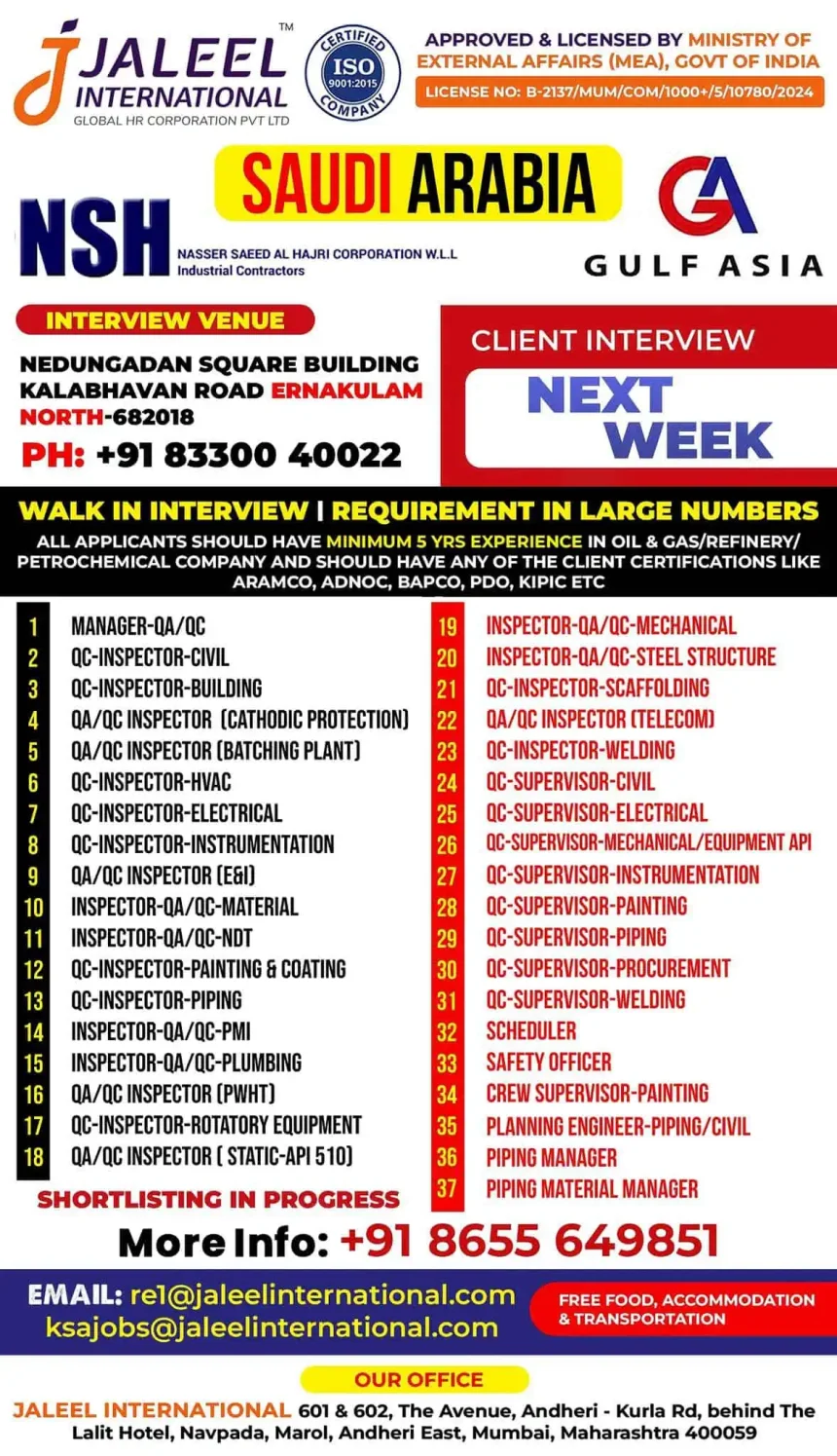 Saudi Arabia Oil & Gas Jobs Walk-In Interview by Jaleel International in Ernakulam – May 2025